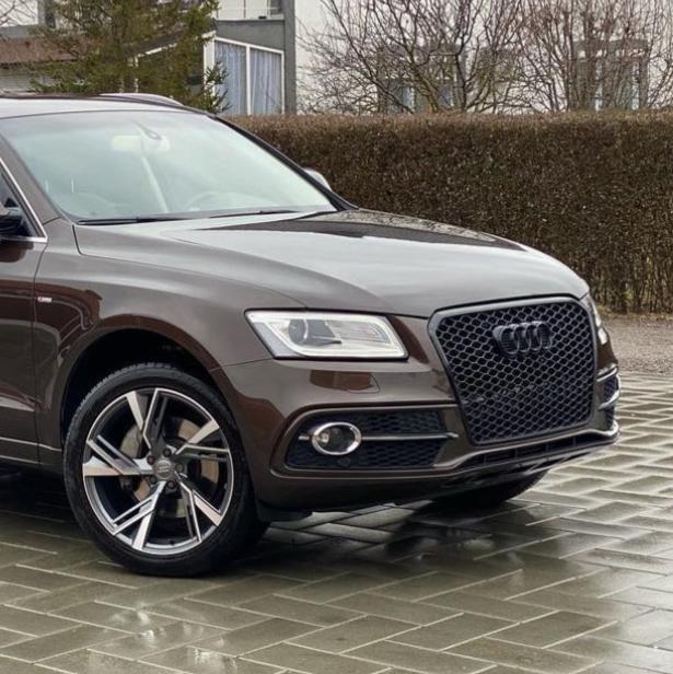 A brown Audi SUV is parked on a wet, textured pavement. It has shiny alloy wheels and distinctive front grille, set against a background of leafless trees and hedges.