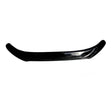 A glossy black car spoiler curving slightly upward lies against a plain white background, highlighting its sleek design and smooth surface.
