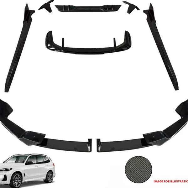 Car body kit components are arranged symmetrically on a plain background. Below, a white SUV is visible for illustration. A carbon fiber texture sample is shown. Text: "IMAGE FOR ILLUSTRATION PURPOSES."
