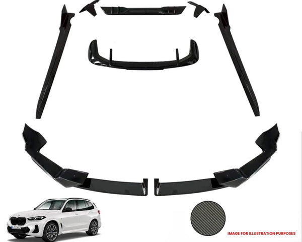 Car body kit components are arranged symmetrically on a plain background. Below, a white SUV is visible for illustration. A carbon fiber texture sample is shown. Text: "IMAGE FOR ILLUSTRATION PURPOSES."