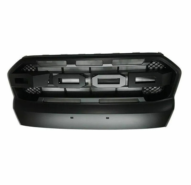 Black vehicle grille displaying bold letters "FORD," features a mesh pattern on sides, set against a plain white background.