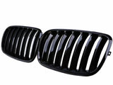 A pair of glossy black car grilles, each with vertical slats, positioned side by side against a white background.