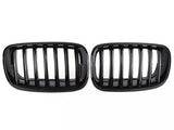 Two black car grilles with vertical slats are displayed side by side against a plain white background, showcasing a sleek automotive accessory design.