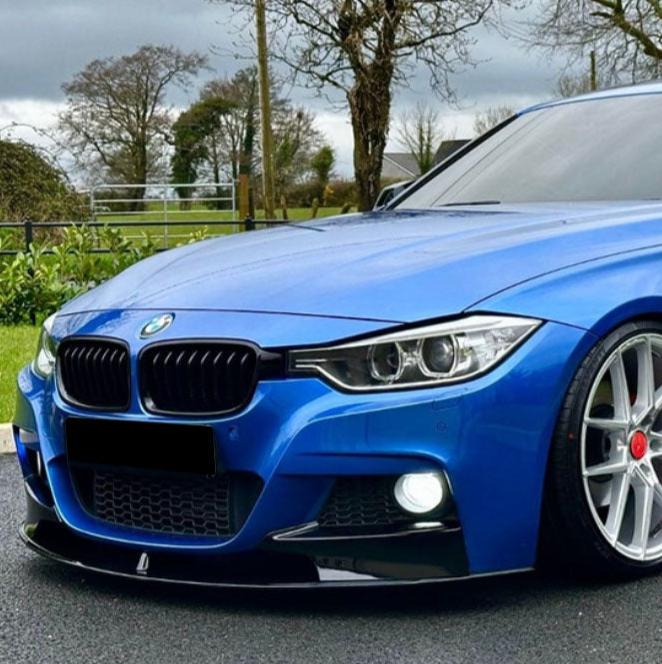 A blue BMW car is parked on a wet road, with trees and overcast skies in the background, showcasing its sleek design and prominent front headlights.