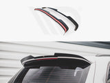 A black car spoiler, featuring red detailing, is showcased separately and installed on a white vehicle's rear. The context is a stationary, striped background with a modern aesthetic.