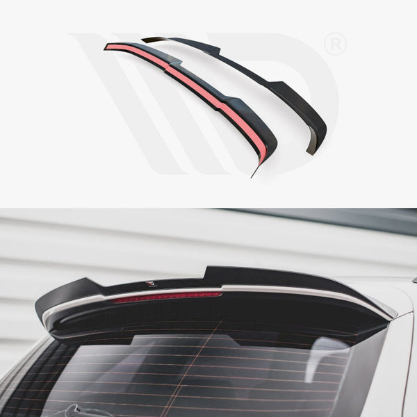 A black car spoiler, featuring red detailing, is showcased separately and installed on a white vehicle's rear. The context is a stationary, striped background with a modern aesthetic.