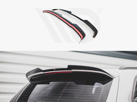 A black car spoiler, featuring red detailing, is showcased separately and installed on a white vehicle's rear. The context is a stationary, striped background with a modern aesthetic.