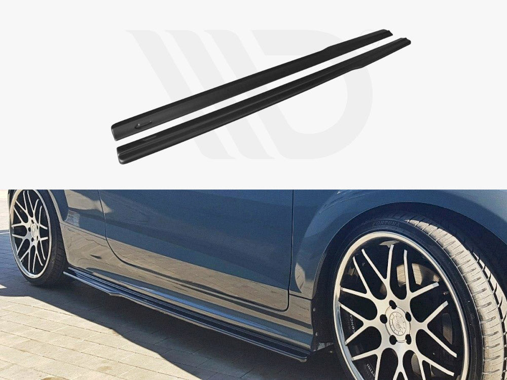Two black car side skirts, photographed separately and also installed on a blue car with black and silver alloy wheels, parked on a brick surface.