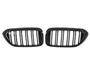 Two black, oval car grilles with vertical bars sit side by side against a white background, indicating they are designed for a vehicle's front end.