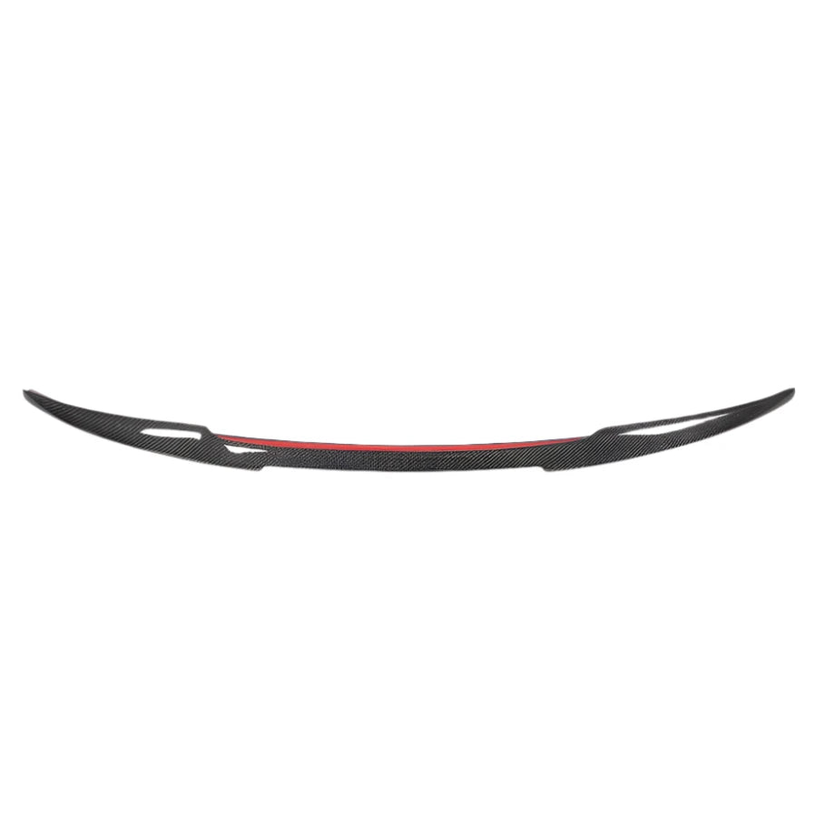 Curved carbon fiber spoiler with a red accent stripe; it rests against a plain white background, highlighting its aerodynamic design.