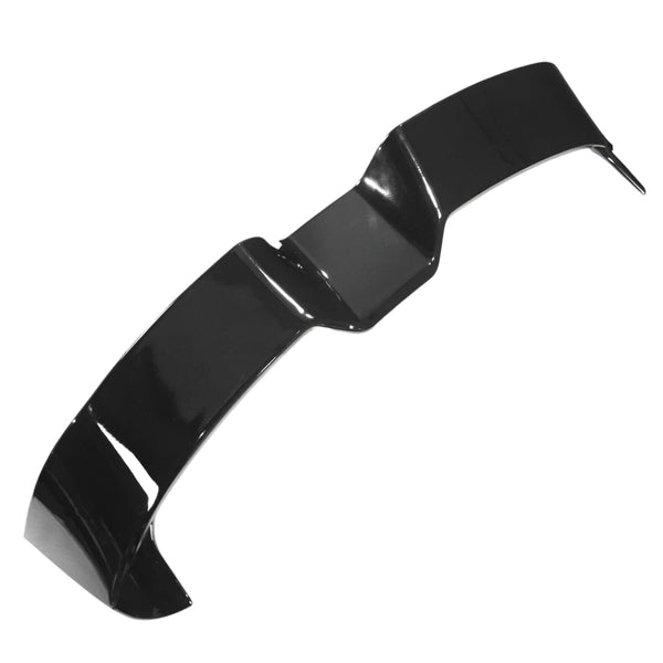 A black, glossy car spoiler is shown, featuring a sleek, aerodynamic design. It's isolated on a plain white background.