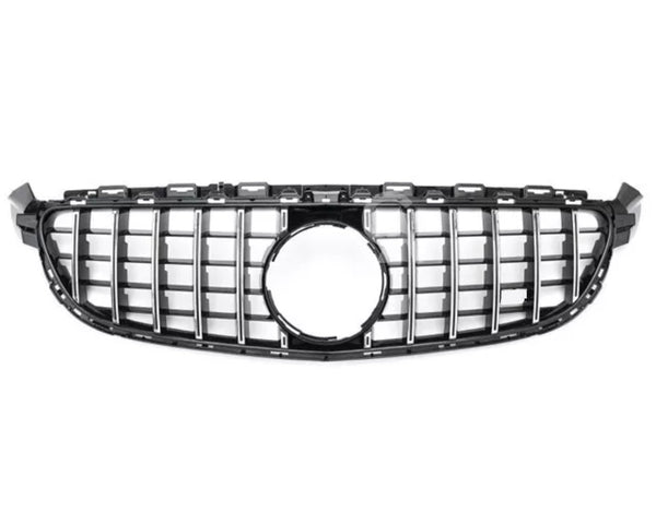 Car grille with vertical chrome slats and a central circular emblem space; displayed against a plain white background.