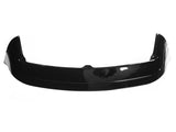 A glossy black car bumper spoiler sits on a white background, showcasing its sleek curving design and aerodynamic structure.