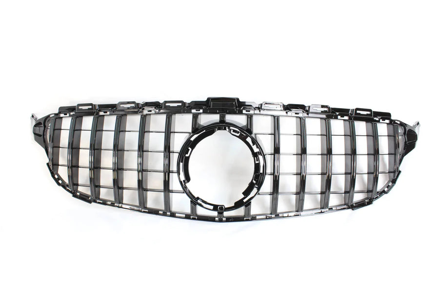 Shiny black car grille with vertical and horizontal slats features a central circular opening, staged against a plain white background.