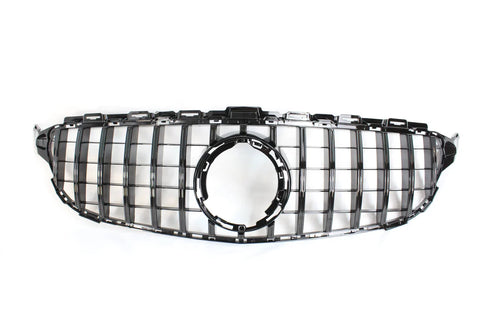 Shiny black car grille with vertical and horizontal slats features a central circular opening, staged against a plain white background.