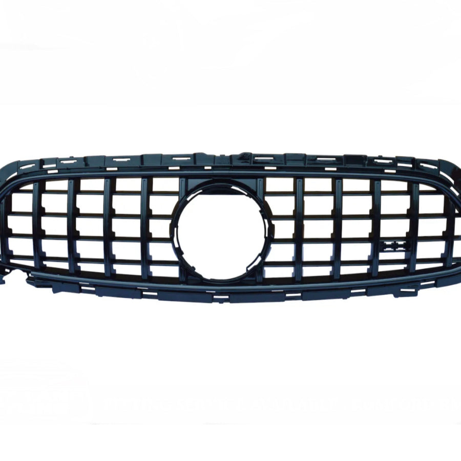 A black plastic car grille with a honeycomb pattern and an emblem cutout rests against a plain white background.