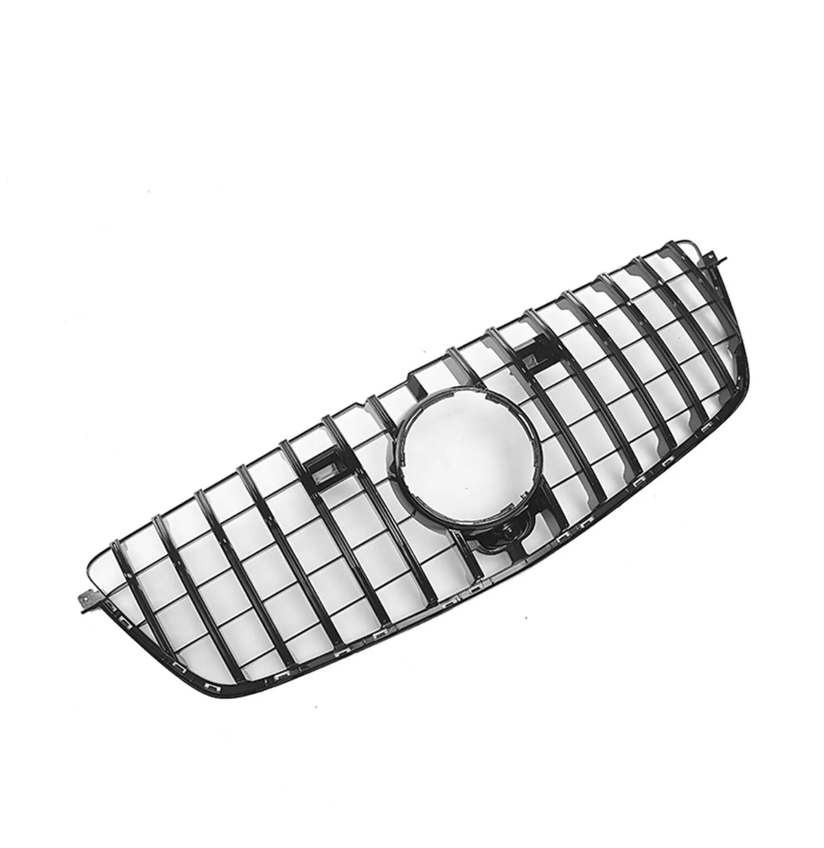 A black car grille featuring a central circular emblem area, with a grid pattern, is displayed against a plain white background.