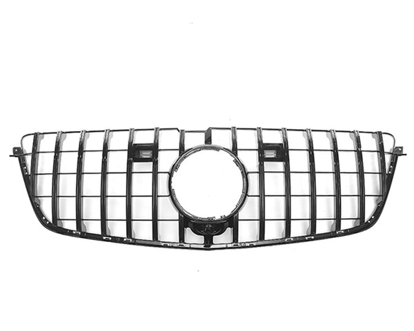 A black car grille features a series of vertical and horizontal bars with a large circular space in the center. It is set against a plain white background.