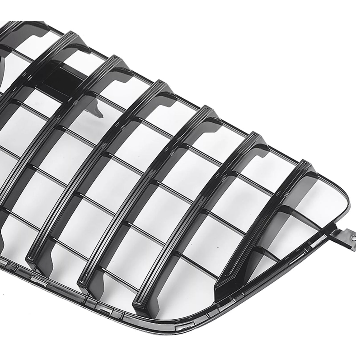 Black car grille with horizontal slats, angled diagonally, on a white background. The grille features a simple design with shiny reflective surfaces.
