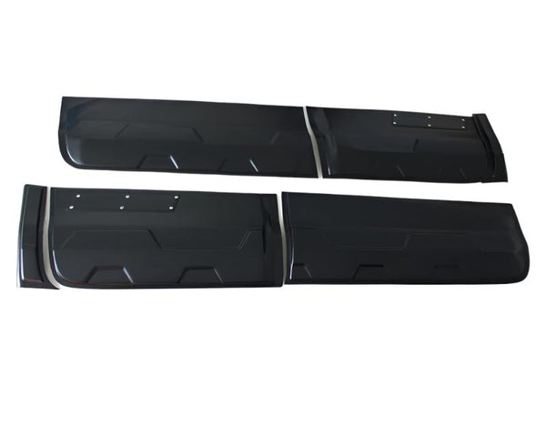 Black car door panels lie arranged side by side on a white background, showcasing their geometric patterns and design.