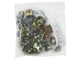 A plastic bag contains assorted metal brackets, screws, and washers. The bag has a label with text: 