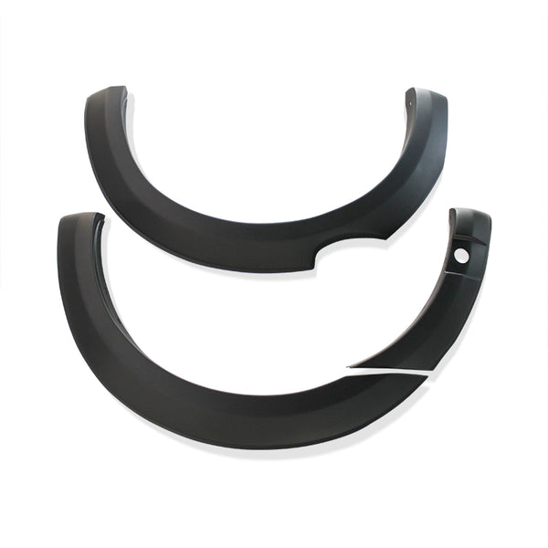 Curved, black plastic automotive fender flares are displayed against a plain white background. There are two pieces, showcasing their smooth, rounded shape and sturdy construction.