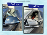 Two images show a car's side mirror. The left image is labeled 