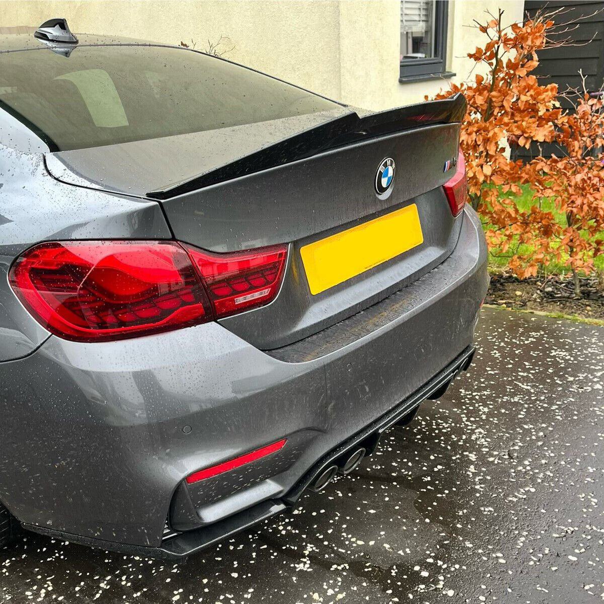 A gray BMW car is parked with rain droplets on its surface, surrounded by wet pavement and orange leaves. The license plate is yellow and blank.