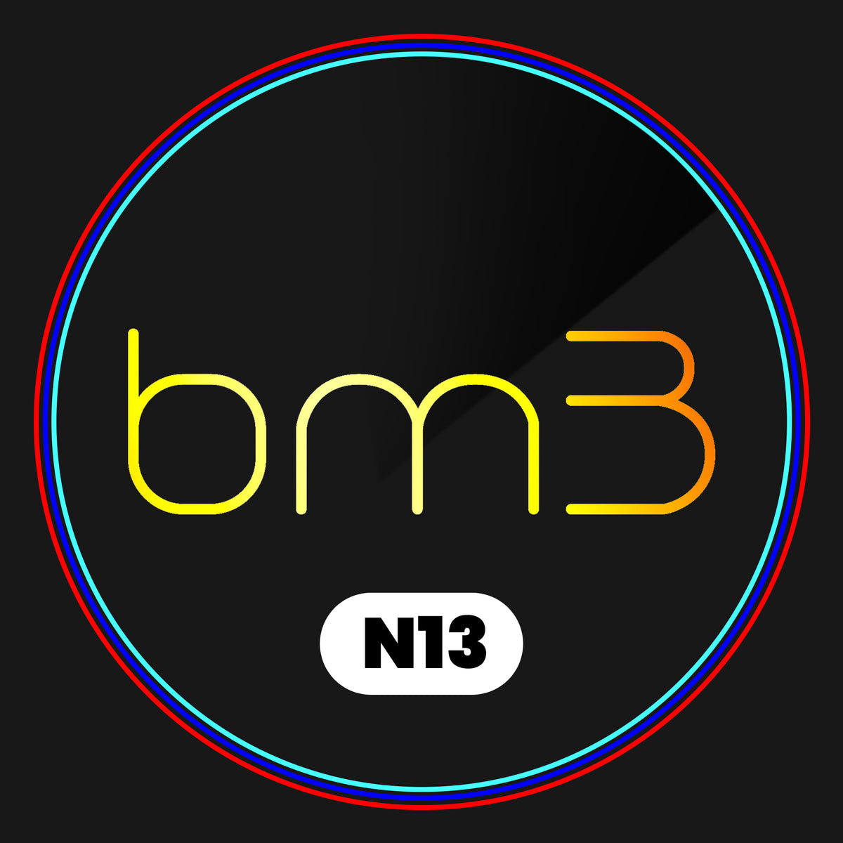 Text "bm3" in gradient yellow to orange with a "N13" label below, encircled by blue and red rings, on a dark background.