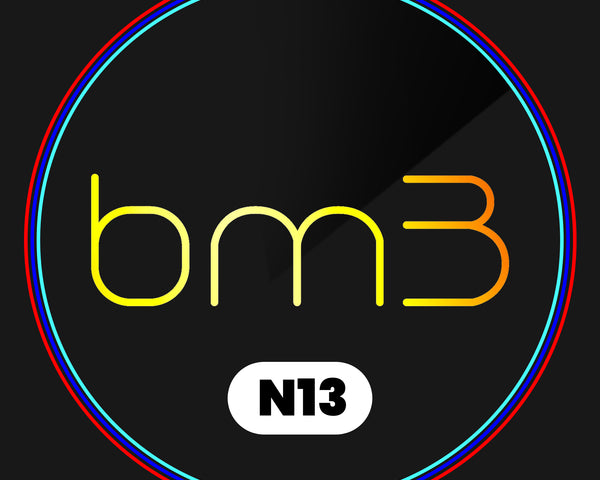 Text "bm3" in gradient yellow to orange with a "N13" label below, encircled by blue and red rings, on a dark background.