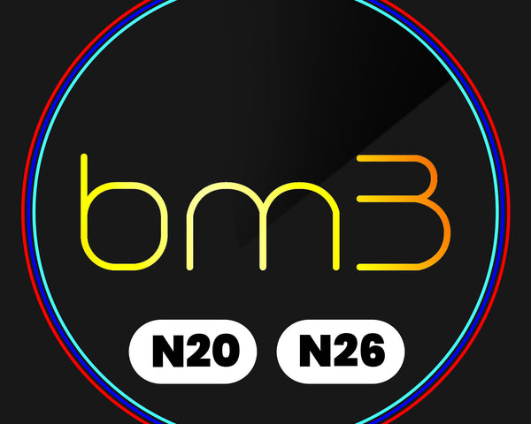 The image features the text "bm3" in yellow and orange, centered on a black background. Below it are two white ovals with "N20" and "N26." A colorful double border surrounds it.