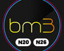The image features the text "bm3" in yellow and orange, centered on a black background. Below it are two white ovals with "N20" and "N26." A colorful double border surrounds it.