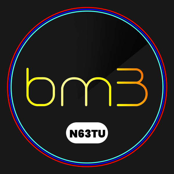 A logo features the text "bm3" in yellow-orange gradient with "N63TU" below in a white oval. The design is set against a dark background, encircled by red and blue rings.