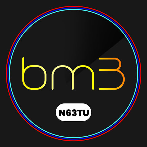 A logo features the text "bm3" in yellow-orange gradient with "N63TU" below in a white oval. The design is set against a dark background, encircled by red and blue rings.