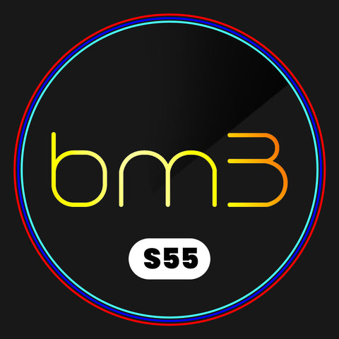 The design showcases the text "bm3" in yellow and orange hues, encircled by red and blue rings. Below, a white oval contains the text "S55" on a black background.