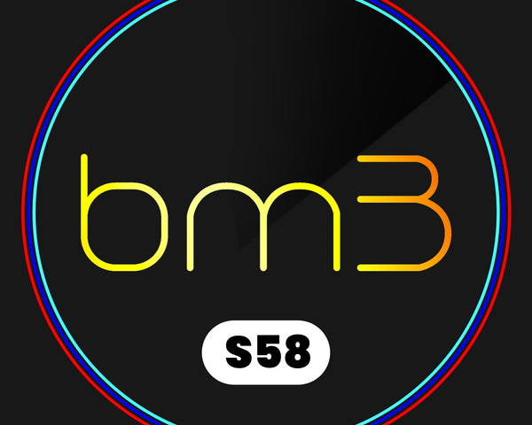 The image features the letters "bm3" in yellow and orange, centered on a black background. Below, a white oval contains "S58." A colorful circular border surrounds the design.