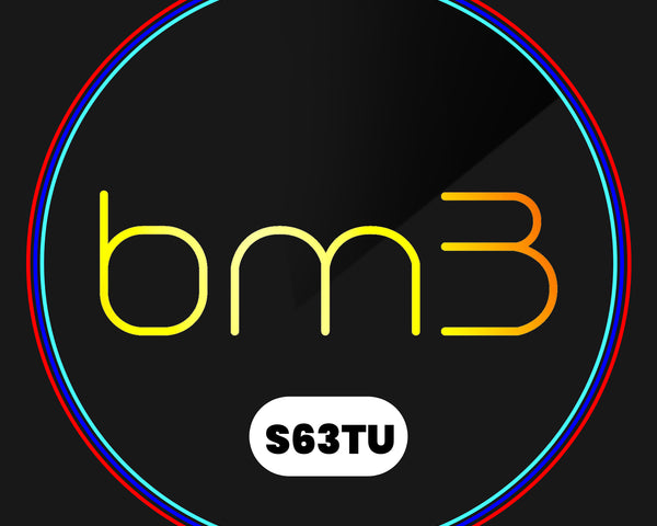 A circular design features the text "bm3" in gradient yellow-orange with "S63TU" in bold black on a white oval. The outer edge has red and blue rings, against a dark background.