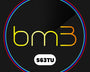 A circular design features the text "bm3" in gradient yellow-orange with "S63TU" in bold black on a white oval. The outer edge has red and blue rings, against a dark background.