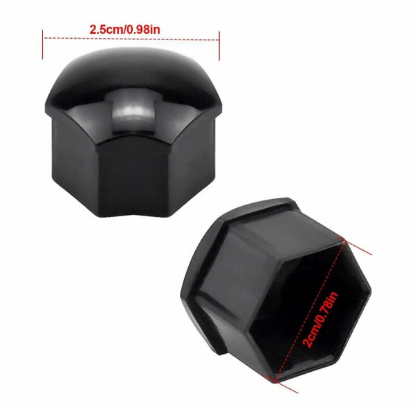Black plastic lug nut covers with hexagonal openings and smooth domed tops, measuring 2.5 cm (0.98 in) wide and 2 cm (0.78 in) deep.