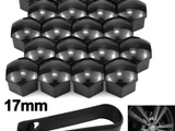 Twenty black lug nut covers are arranged in a grid, accompanied by a black tool and a wheel image. Text reads 