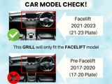 Car interior images compare facelift (2021-2023) and pre-facelift (2017-2020) models with text: 
