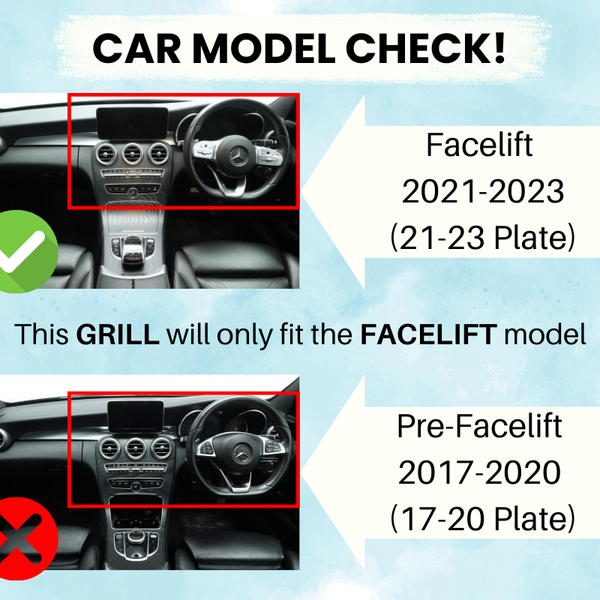 Car interior images compare facelift (2021-2023) and pre-facelift (2017-2020) models with text: "CAR MODEL CHECK! This GRILL will only fit the FACELIFT model."
