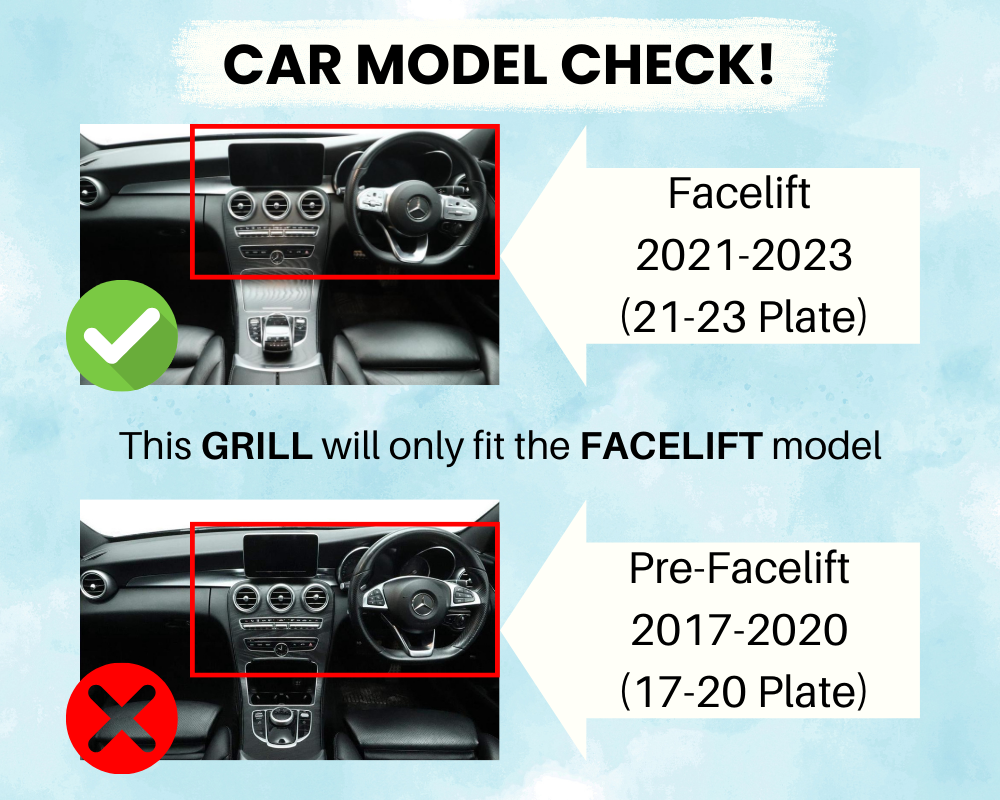 Car interior images compare facelift (2021-2023) and pre-facelift (2017-2020) models with text: "CAR MODEL CHECK! This GRILL will only fit the FACELIFT model."