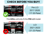 Dashboard images compare two car models, Pre-LCI (2017-2020) with a green check, and LCI (2021-2023) with a red cross, highlighting grill compatibility. Text:  This GRILL will only fit the PRE-LCI model.
