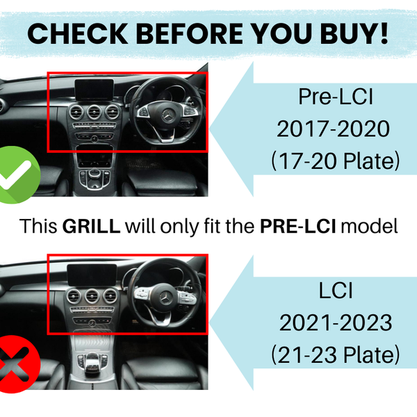 Dashboard images compare two car models, Pre-LCI (2017-2020) with a green check, and LCI (2021-2023) with a red cross, highlighting grill compatibility. Text:  This GRILL will only fit the PRE-LCI model."