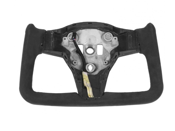 A rectangular black steering wheel with a metal center lacks buttons or features, set against a plain, white background.