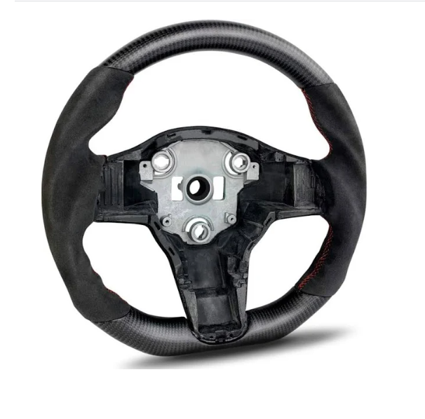 Steering wheel with exposed metal center, featuring carbon fiber texture and black grip, displayed on a white background. The wheel lacks a central horn or control panel.
