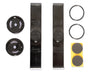 Metal clips labeled "TWF" and "Society" are placed centrally. Surrounding them are two black circular discs, two rubber rings, and a small yellow square with two round gray pads.