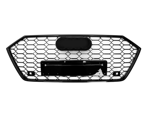 A black hexagonal car grille with a honeycomb pattern, featuring a central blank emblem area and mounting space for a license plate, shown on a white background.