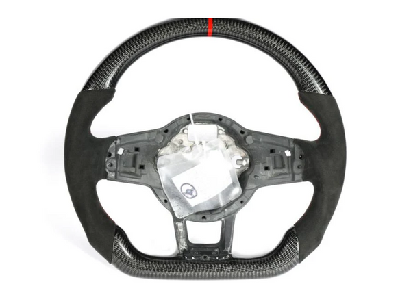 A carbon-fiber steering wheel with a red stripe at the top and a partially exposed interior mechanism, displayed against a plain white background.